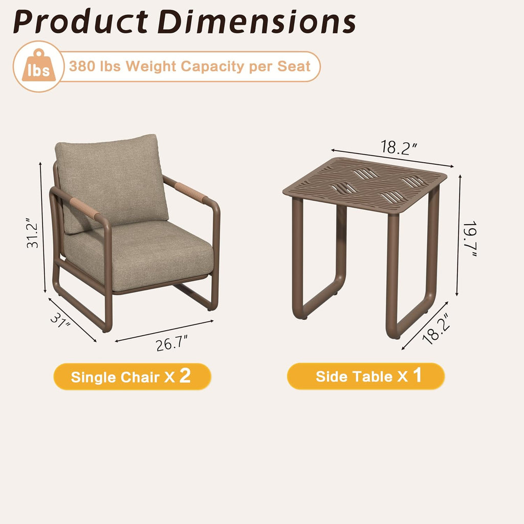 3-Piece Outdoor Aluminum Patio Sofa Set with Coffee Table, Deep Seating Conversation Set with 6.5' Cushions, Modern All-Weather Furniture for Garden, Balcony, Poolside, Brown