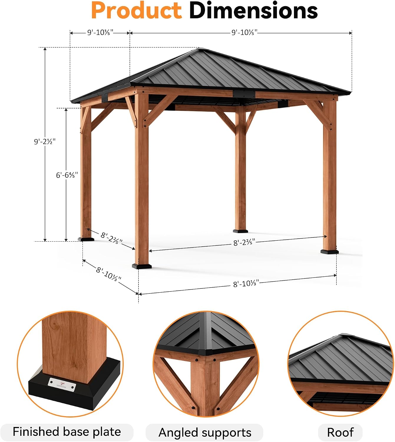Modern Shade Tranquil Grove Wood Gazebo 10' x 10', Permanent Hardtop Gazebo with Galvanized Steel Roof, Mosquito Netting and Curtains, Cedar Outdoor Gazebo with Sturdy Hooks for Backyard