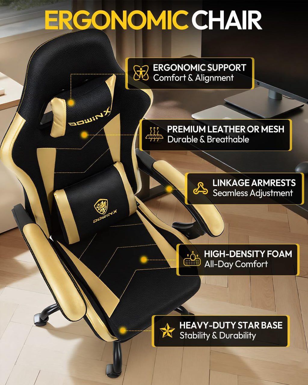 Gaming Chair with Footrest, Ergonomic 330lbs Leather Mesh Chair, Massage Lumbar Support,Adjustable Height & Headrest,Breathable Seat for Office, Home, Streaming, Long Gaming Sessions, Black and Golden