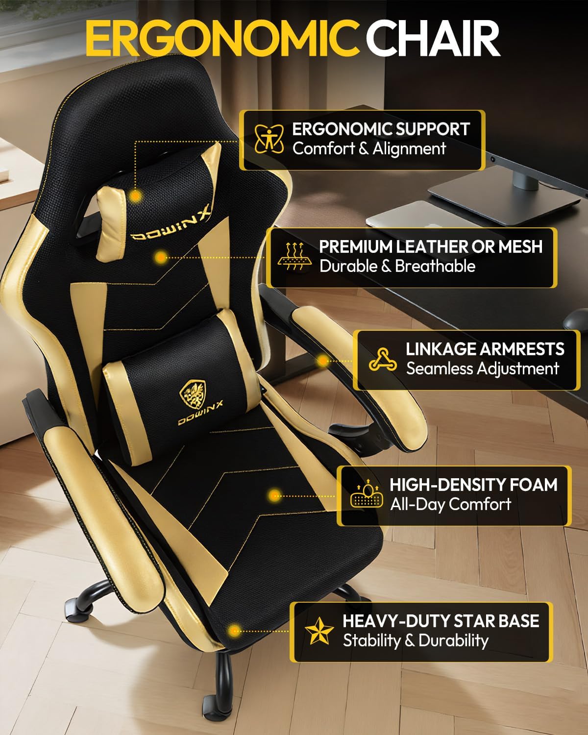 Gaming Chair with Footrest, Ergonomic 330lbs Leather Mesh Chair, Massage Lumbar Support,Adjustable Height & Headrest,Breathable Seat for Office, Home, Streaming, Long Gaming Sessions, Black and Golden