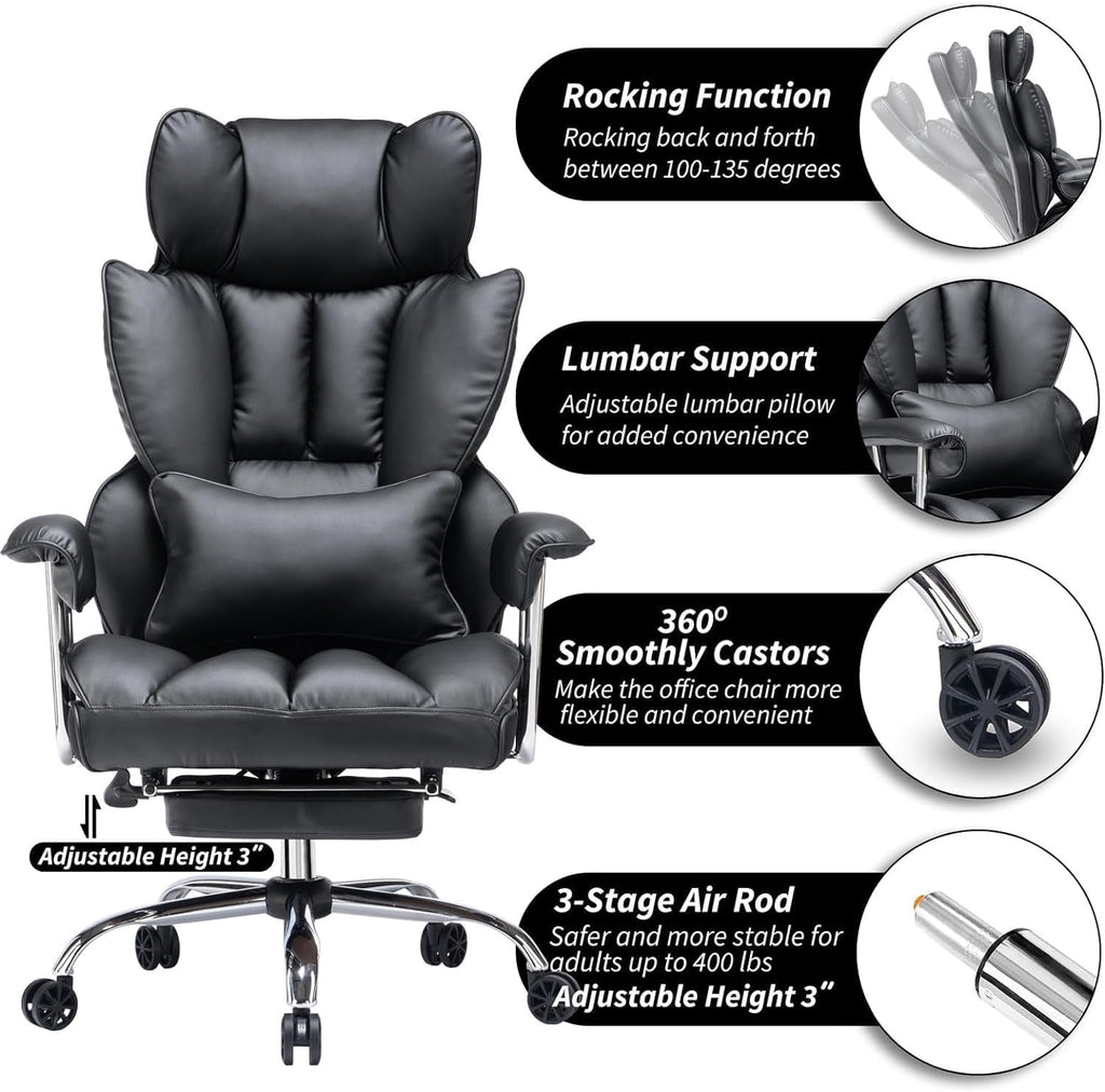 Efomao Big and Tall Office Chair with Foot Rest 400LBS, PU Leather Computer Chair, Heavy Duty Executive Office Chair with Lumbar Support, Black Home Office Chairs