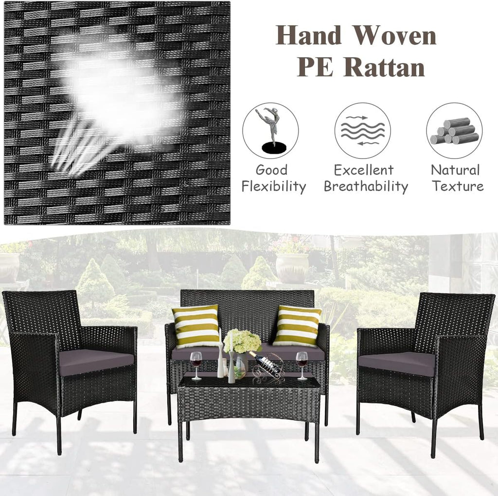 Tangkula 4 Pieces Patio Furniture Set, Outdoor Wicker Conversation Set with Tempered Glass Tabletop, Rattan Sofa and Chairs Set with Off White & Grey Cushion Covers