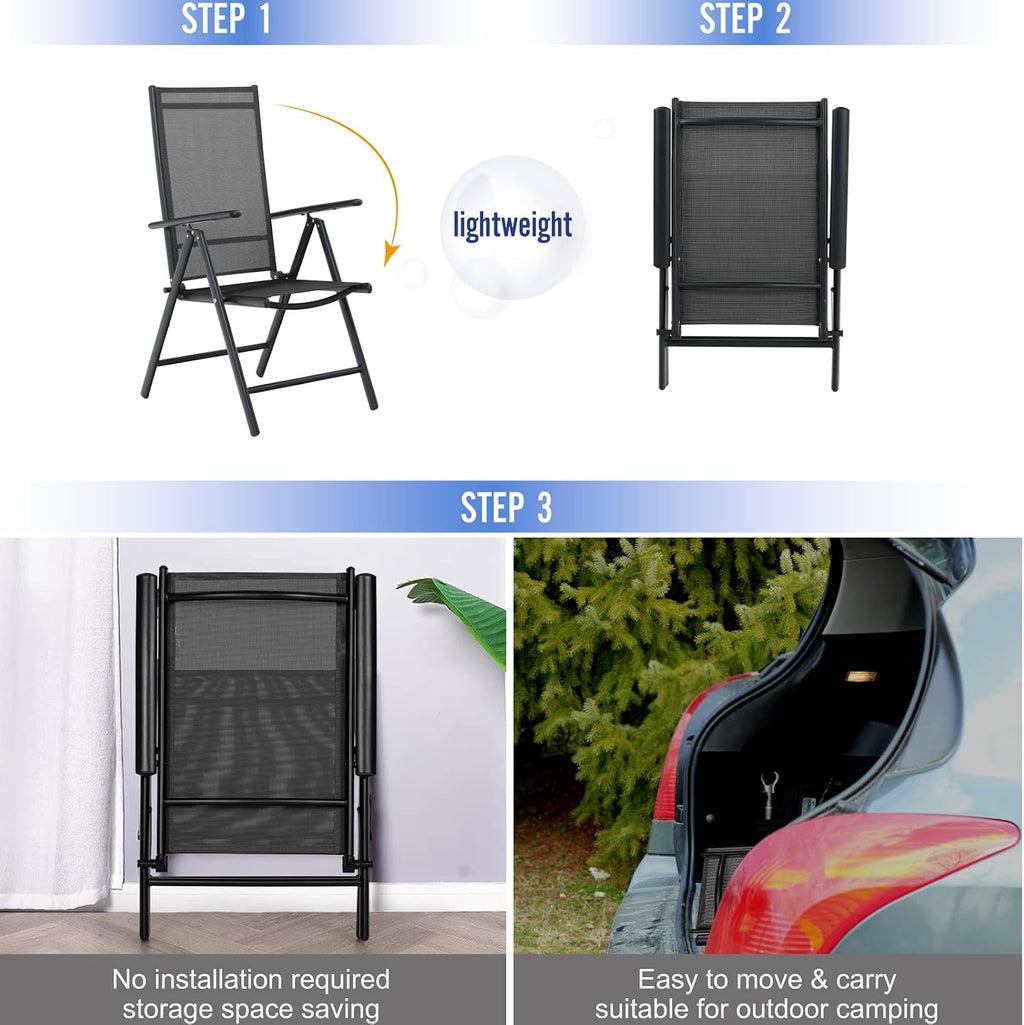 PHI VILLA 3 pcs Patio Bistro Set, Outdoor Bistro Furniture Set with 2 Reclining Folding Sling Chair & 1 Small Metal Square Side Table