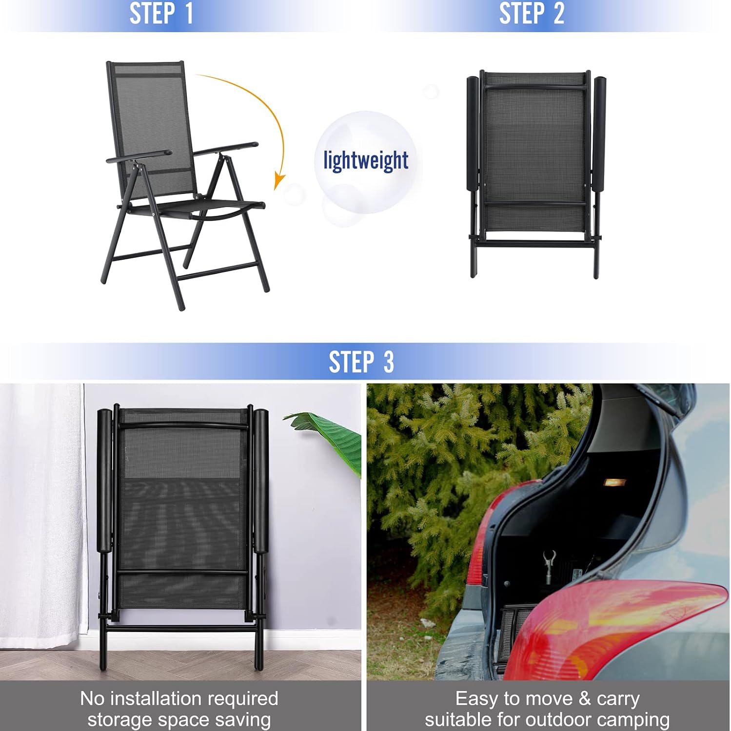 PHI VILLA 3 pcs Patio Bistro Set, Outdoor Bistro Furniture Set with 2 Reclining Folding Sling Chair & 1 Small Metal Square Side Table