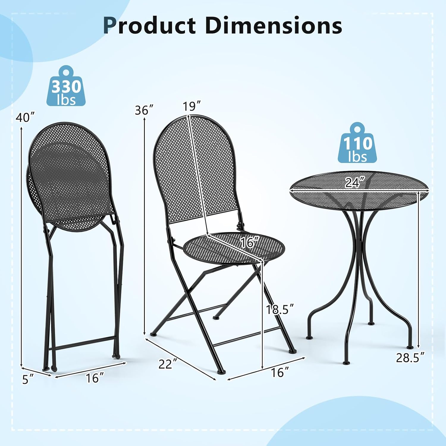 Tangkula 3 Pieces Patio Bistro Set, Metal Table and Folding Chair Set for 2, Outdoor Garden Furniture Set with Round Table & 2 Folding Chairs, Indoor Outdoor Bistro Set for Garden, Yard, Porch