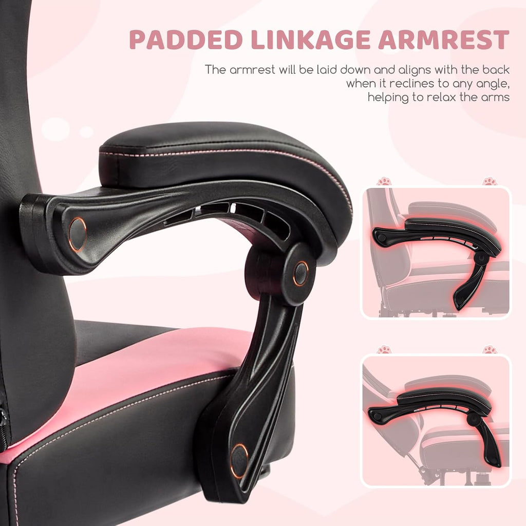 Gaming Chair with Footrest, Comfy Girly Video Game Chairs with Cat Ears Pocket Spring Cushion Massage Lumbar Support & Headrest, Ringing Accessories Cute Leather Ergonomic Computer Chair, Black/Pink