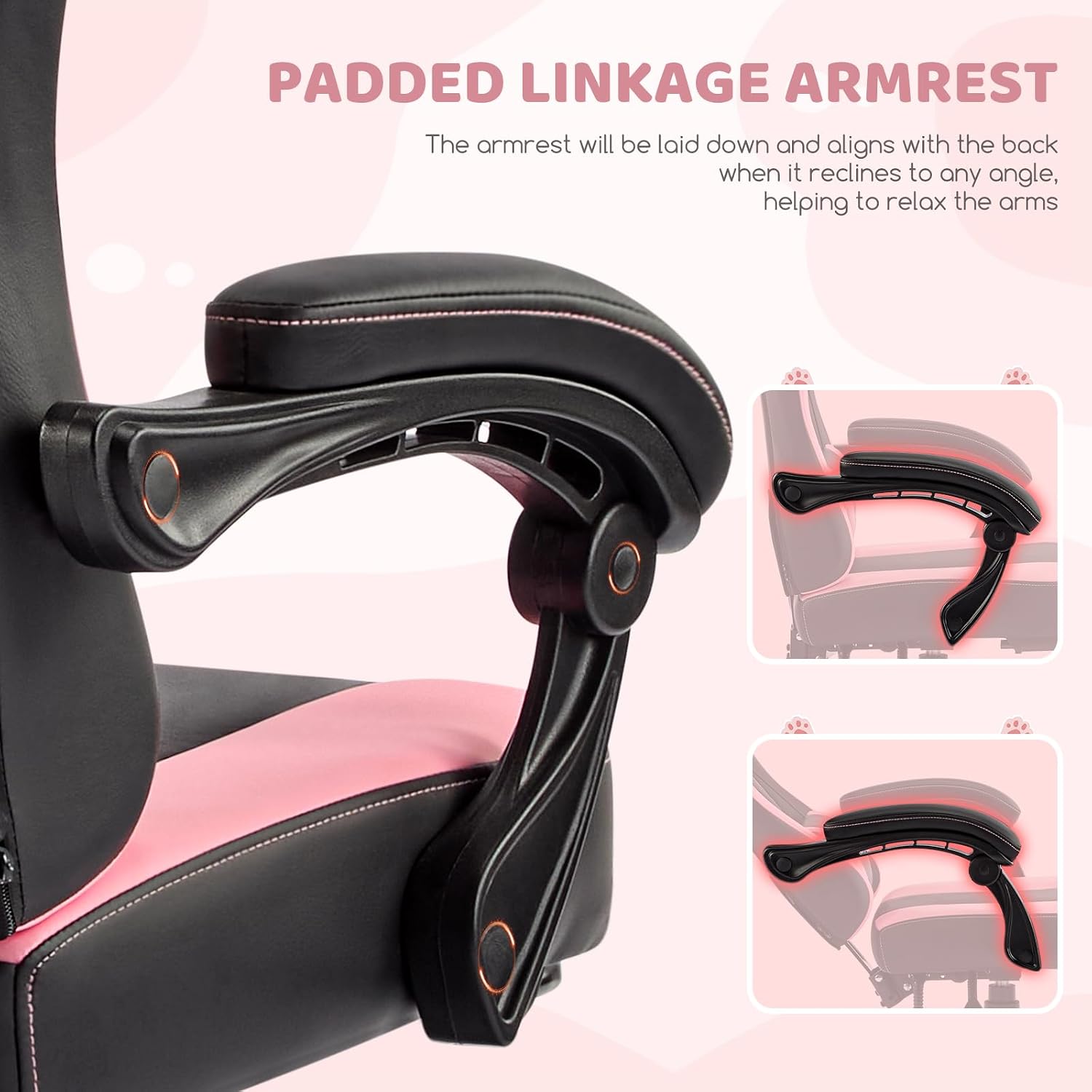 Gaming Chair with Footrest, Comfy Girly Video Game Chairs with Cat Ears Pocket Spring Cushion Massage Lumbar Support & Headrest, Ringing Accessories Cute Leather Ergonomic Computer Chair, Black/Pink