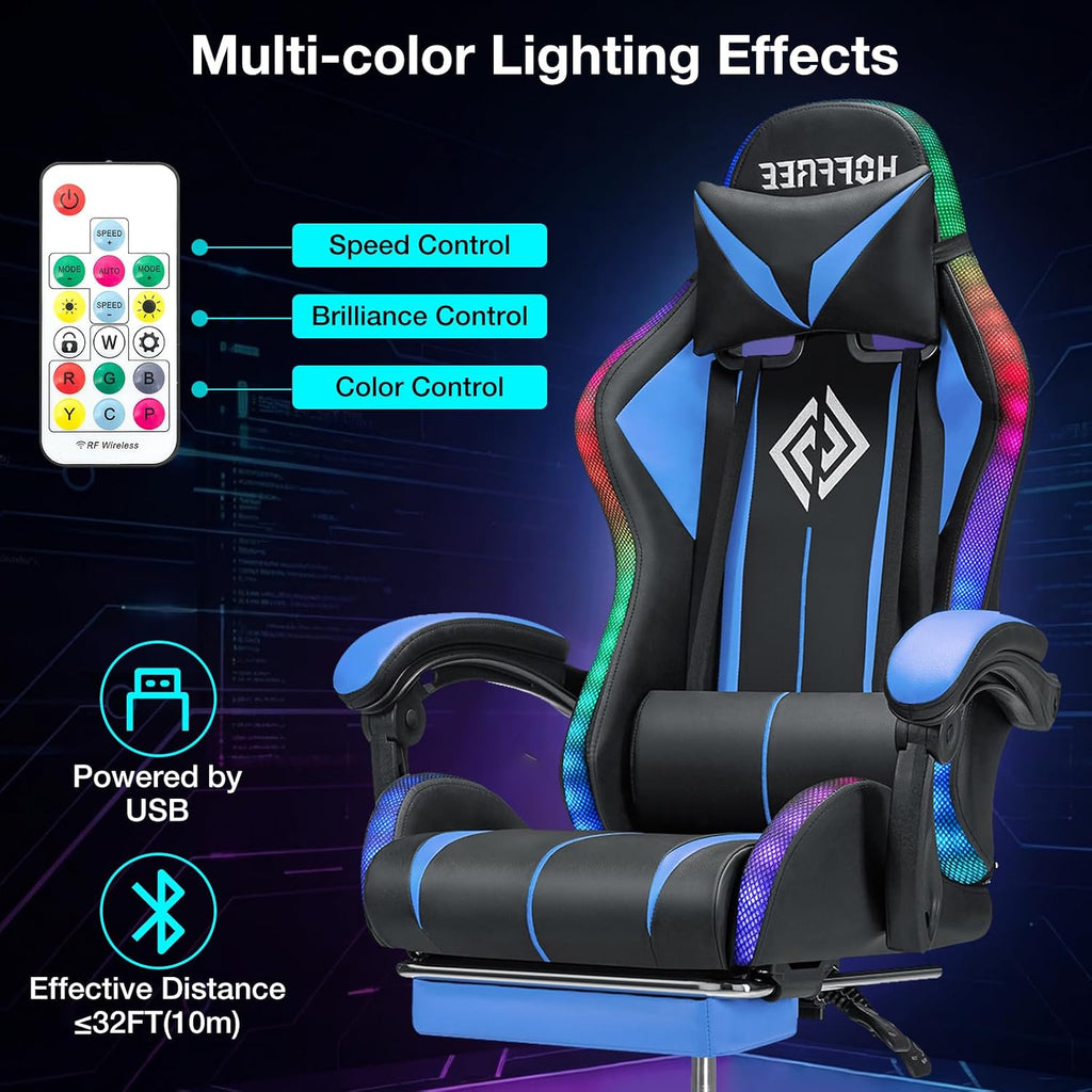 HOFFREE Gaming Chair with LED RGB Lights with Massage and Footrest Ergonomic Computer Chair High Back Video Game Chair with Adjustable Lumbar Support Linkage Armrest Blue and Black