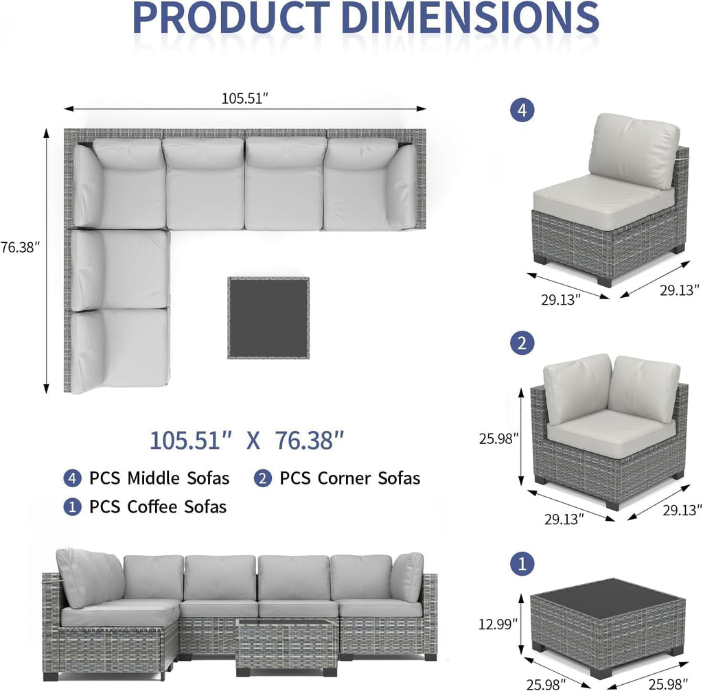 Garvee 7 Pieces Outdoor Patio Furniture Set, Rattan Wicker Sofa Set with Soft Cushions and Coffee Table, All-Weather Outdoor Furniture for Garden, Porch, Poolside, Gray&Light Gray