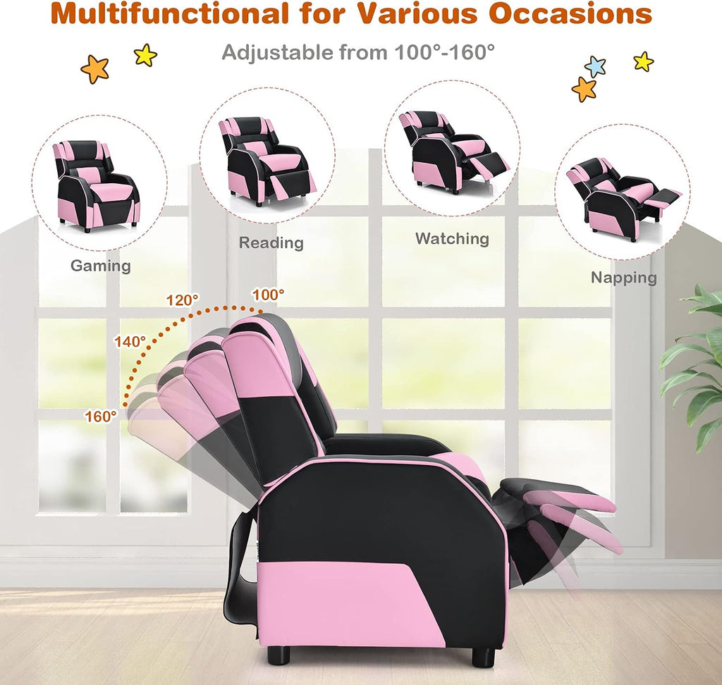 Giantex Kids Recliner, Gaming Recliner Chair with Footrest, Headrest & Lumbar Support, Ergonomic Leather Lounge Chair Toddler Furniture, Adjustable Racing Style Recliner Sofa for Boys Girls, Pink