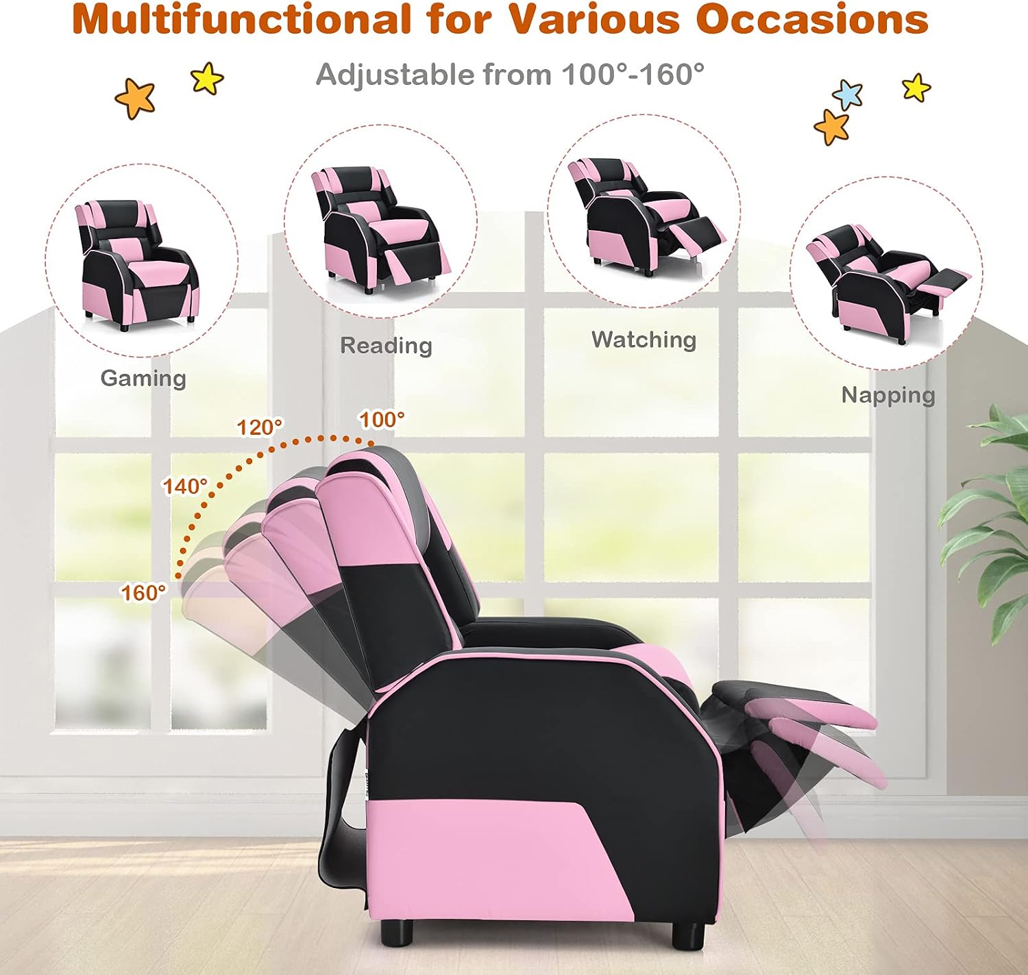 Giantex Kids Recliner, Gaming Recliner Chair with Footrest, Headrest & Lumbar Support, Ergonomic Leather Lounge Chair Toddler Furniture, Adjustable Racing Style Recliner Sofa for Boys Girls, Pink