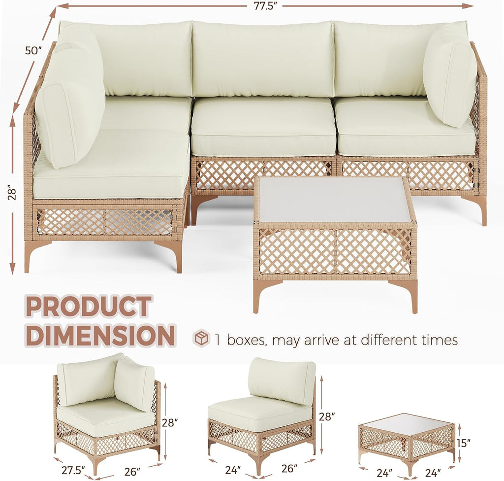 Outdoor Patio Furniture Set, Wicker Outdoor Sectional Set, Boho Patio Conversation Sectional Sofa with Large Tempered Glass Coffee Table and Waterproof Cushion (Large Size 5-Piece Patio Furniture)