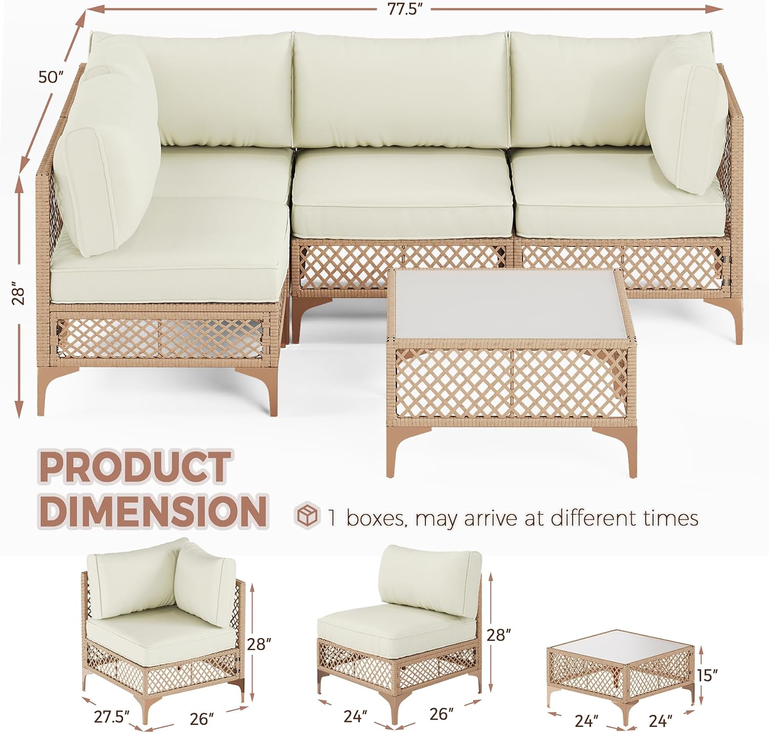 Outdoor Patio Furniture Set, Wicker Outdoor Sectional Set, Boho Patio Conversation Sectional Sofa with Large Tempered Glass Coffee Table and Waterproof Cushion (Large Size 5-Piece Patio Furniture)