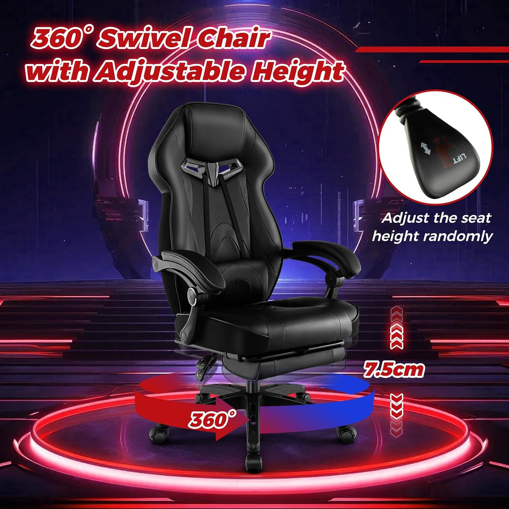 COSTWAY Gaming Chair, Ergonomic Adjustable Racing Video Game Chair w/Retractable Footrest, Padded Headrest & Lumbar Support, High Back Reclining Home Office Computer Gamer Chair for Adults (Black)
