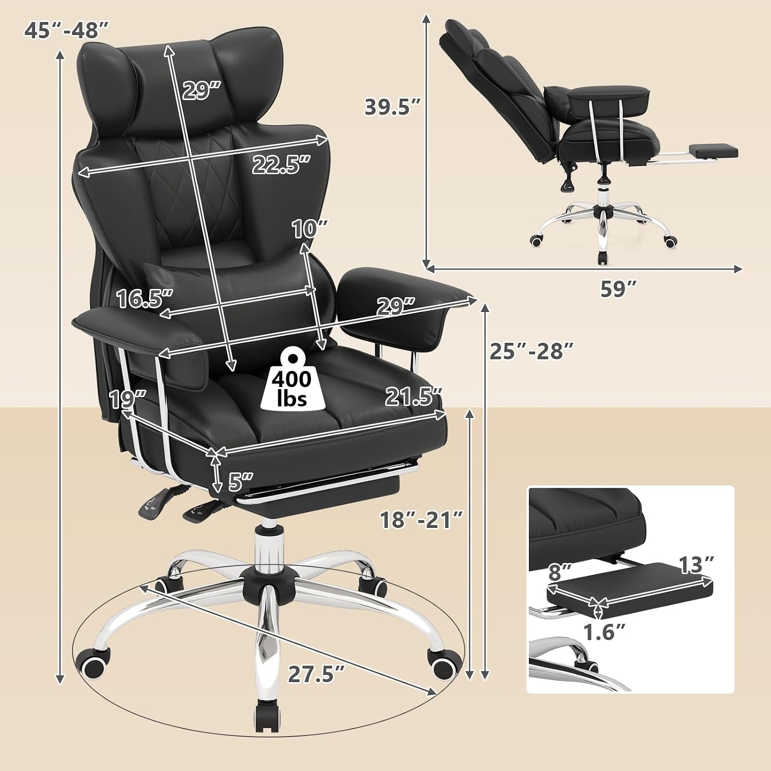 COSTWAY 400 LBS Big and Tall Office Chair, PU Leather Executive Desk Chair w/Retractable Footrest, Reclining Function, Lumbar Support, Ergonomic High Back Home Computer Task Chair (Black)