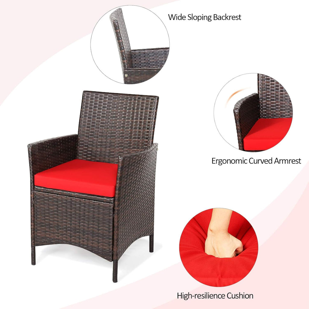 Tangkula 3-Piece Patio Conversation Set, Wicker Chairs with Glass Top Square Coffee Table & Cushions, All-Weather Outdoor Rattan Furniture Set for Garden Backyard Balcony Poolside (Red)