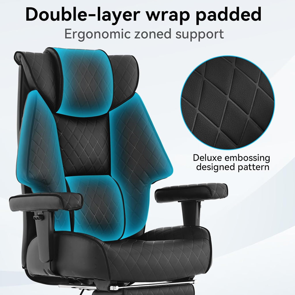 EXCEBET Big and Tall Office Chair with Footrest, PU Leather High Back Executive Office Chair 400lbs, Ergonomic Computer Chairs Lumbar Support for Heavy People (All Black)