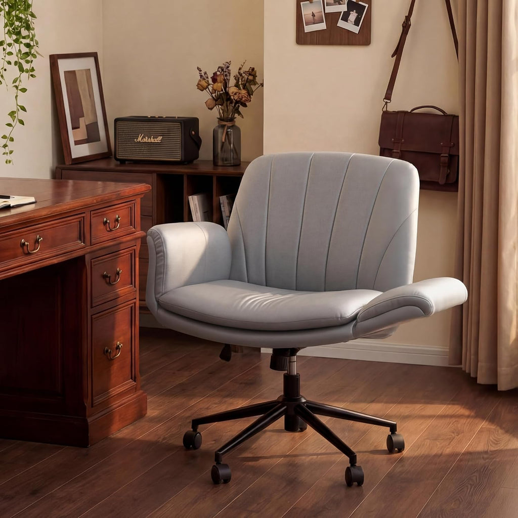 Dowinx Criss Cross Chair with Five-Level Adjustable Arms and Wheels - Comfortable Ergonomic PU Leather Swivel Vanity Chair - Computer Makeup Gaming Chair for Home Office, Bedroom, Vanity Room (Grey)