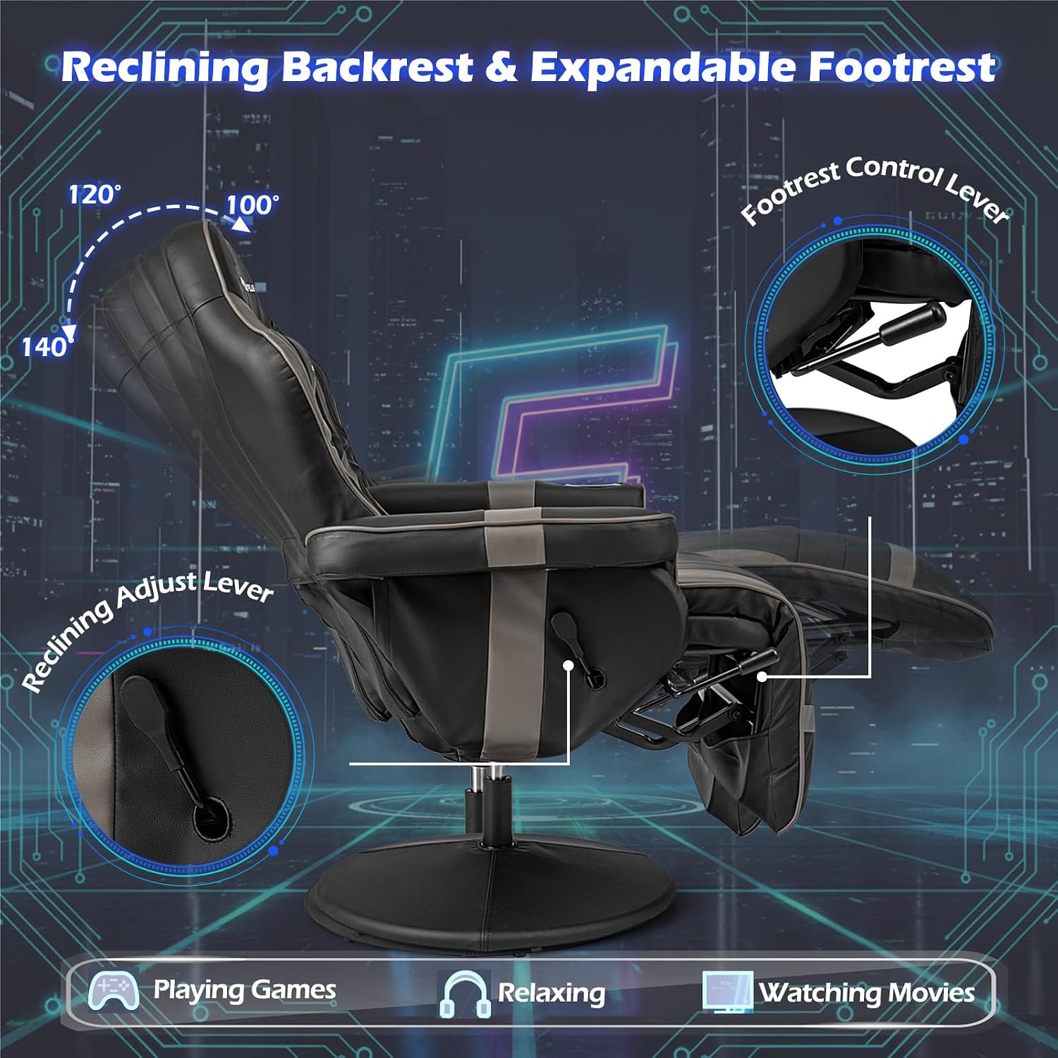 POWERSTONE Gaming Recliner, Adjustable Massage Gaming Chair with Cup Holder Footrest Ergonomic Single Sofa Living Room Home Theater Seating with Side Pouch (Grey)