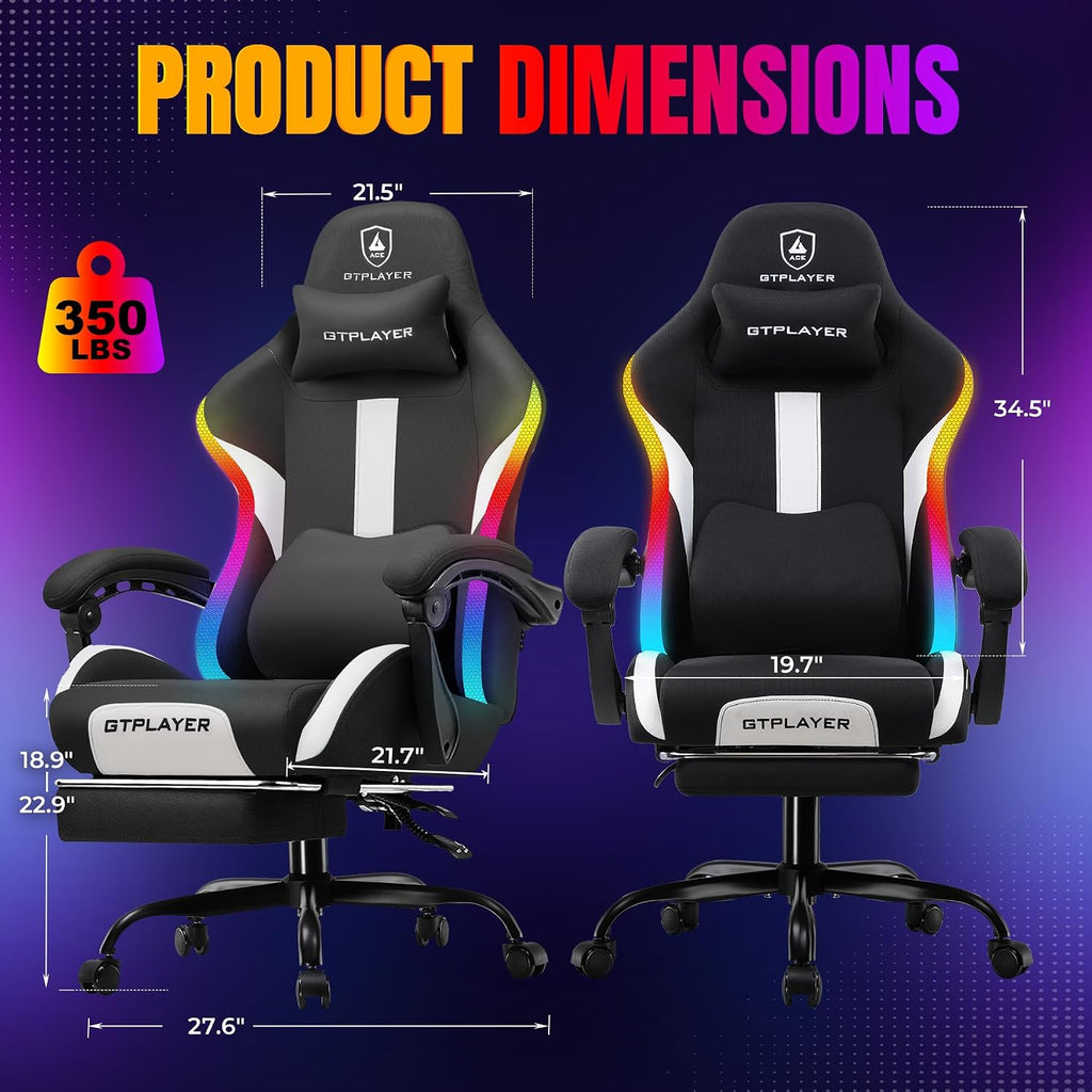 GTPLAYER RGB Gaming Chair with Footrest, LED Lights, Ergonomic Computer Chair with Linkage Armrest, Breathable Fabric for Home Office Desk - Video Game Chairs for Adults, Dim RGB