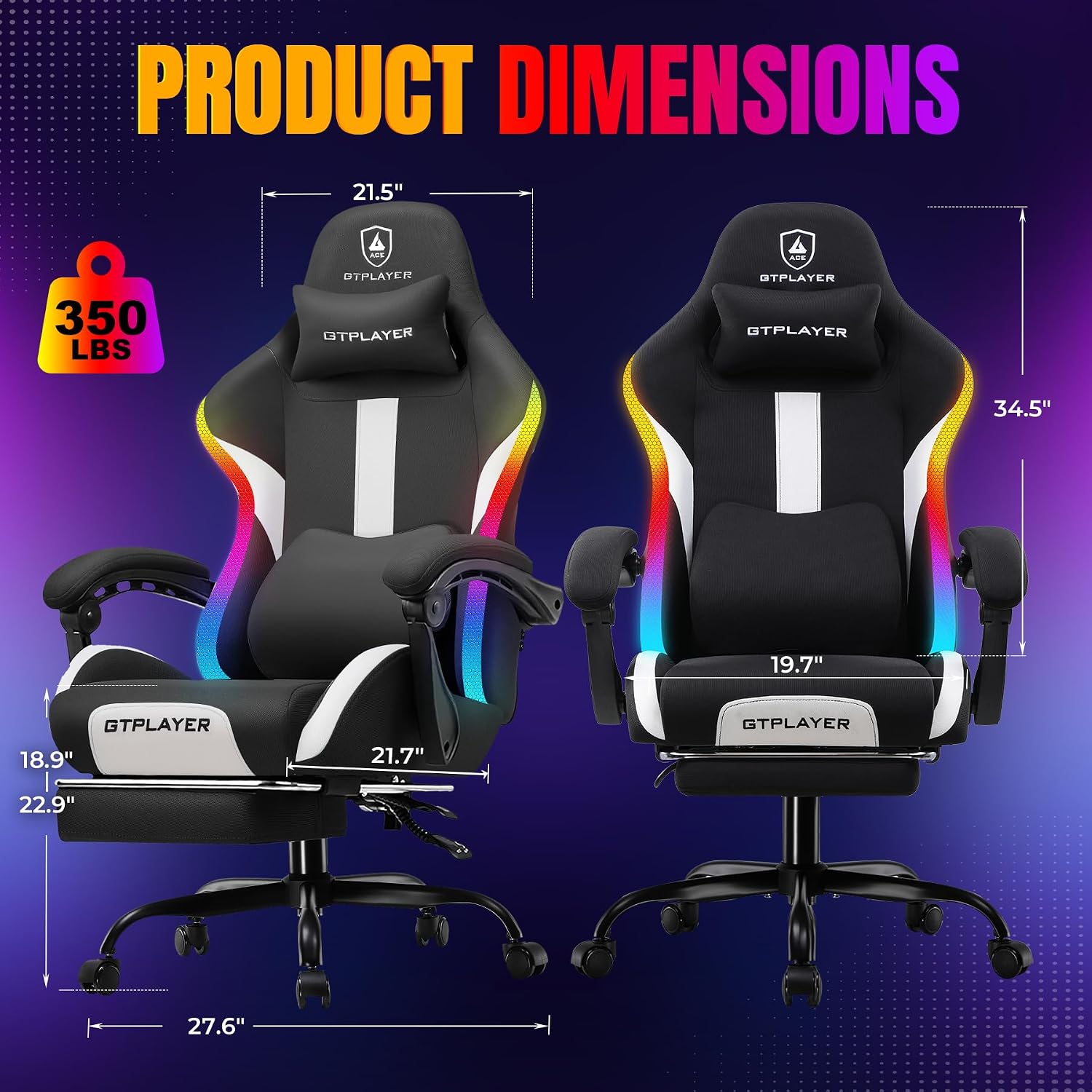 GTPLAYER RGB Gaming Chair with Footrest, LED Lights, Ergonomic Computer Chair with Linkage Armrest, Breathable Fabric for Home Office Desk - Video Game Chairs for Adults, Dim RGB