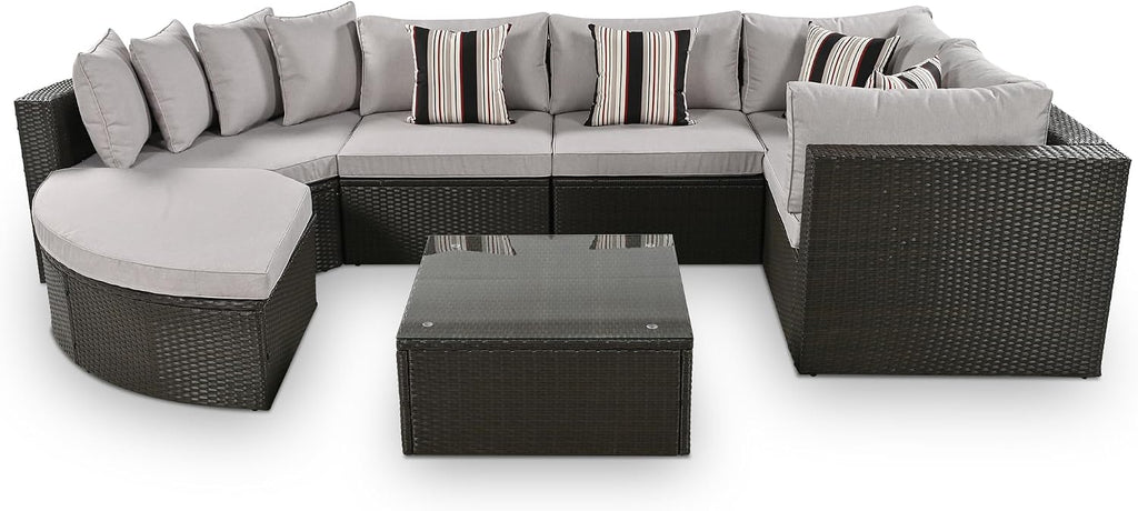 Merax 7-Piece Outdoor Wicker Sectional Sofa Set,Modular Rattan Conversation Set with Gray Cushions,Striped Green Pillows & Tempered Glass Coffee Table for Patio,Garden,Deck,Brown