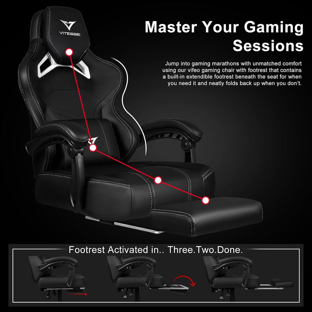 VITESSE Big and Tall Gaming Chair 400lb Weight Capacity with Footrest, Ergonomic Video Game Chair for Adults with Oversized Headrest and Lumbar Pillow, Computer Chair Gaming for Office (Black+White)
