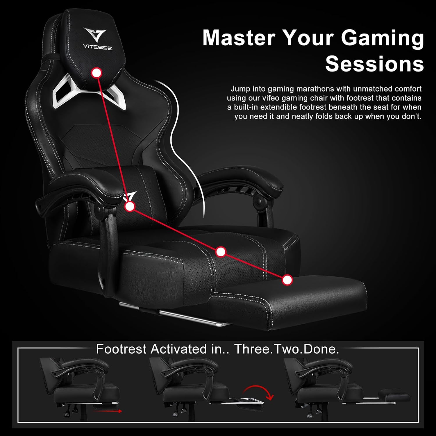VITESSE Big and Tall Gaming Chair 400lb Weight Capacity with Footrest, Ergonomic Video Game Chair for Adults with Oversized Headrest and Lumbar Pillow, Computer Chair Gaming for Office (Black+White)