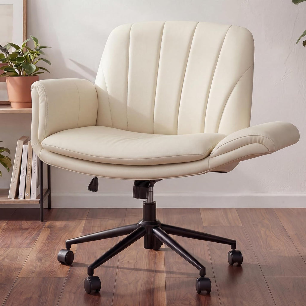 Dowinx Criss Cross Chair with Five-Level Adjustable Arms and Wheels - Comfortable Ergonomic PU Leather Swivel Vanity Chair - Computer Makeup Gaming Chair for Home Office, Bedroom, Vanity Room (Khaki)