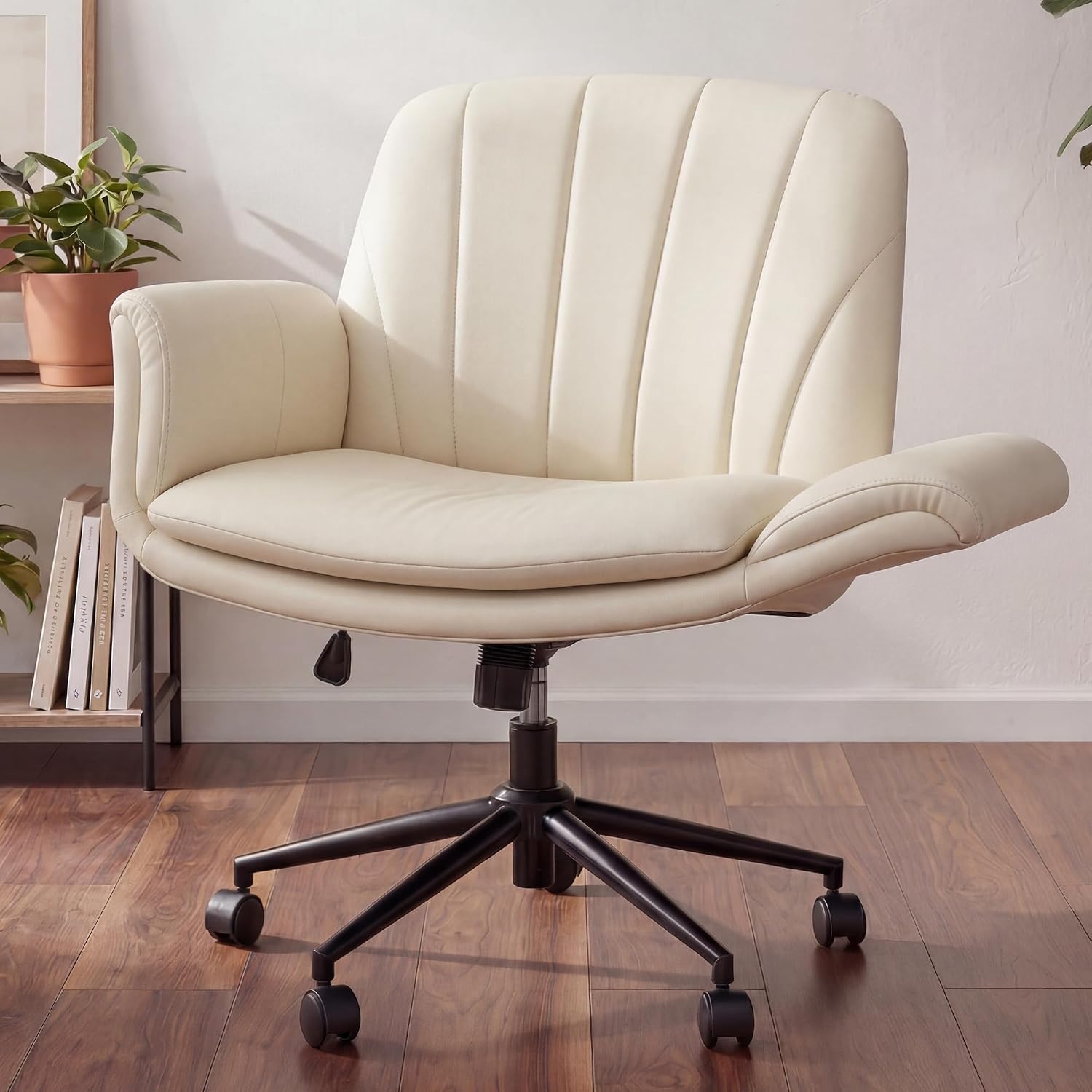 Dowinx Criss Cross Chair with Five-Level Adjustable Arms and Wheels - Comfortable Ergonomic PU Leather Swivel Vanity Chair - Computer Makeup Gaming Chair for Home Office, Bedroom, Vanity Room (Khaki)