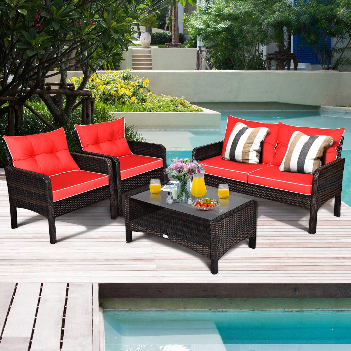 COSTWAY 4-Piece Patio Furniture Set, Sectional Wicker Rattan Sofa Chair with Cushion, Loveseat, Coffee Table with Tempered Glass and Shelf, Outdoor Conversation Sets for Poolside Porch (Red)