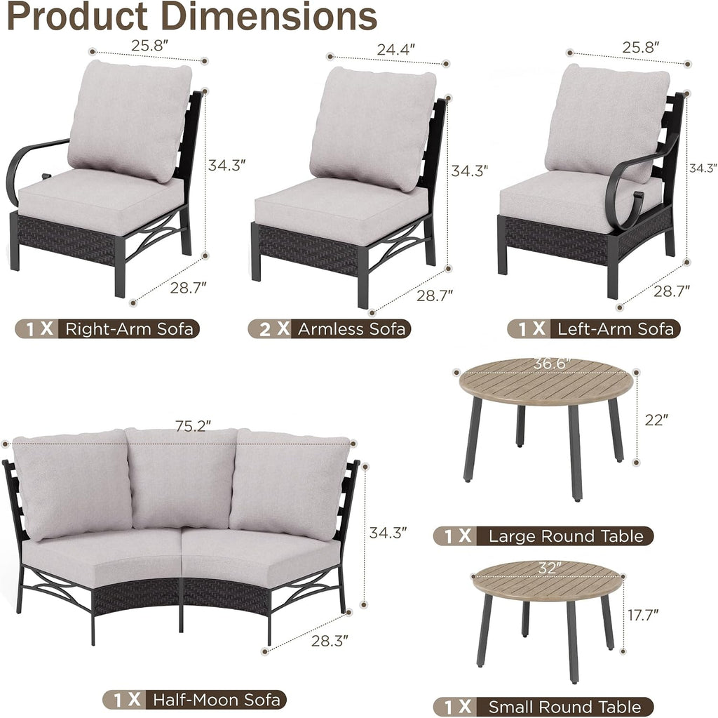 PHI VILLA Half-Moon Patio Furniture Set 8 Piece, Curved Outdoor Sectional Sofa Conversation Sets for 6 Persons with 2 Coffee Table for Garden, Poolside, Balcony, Backyard