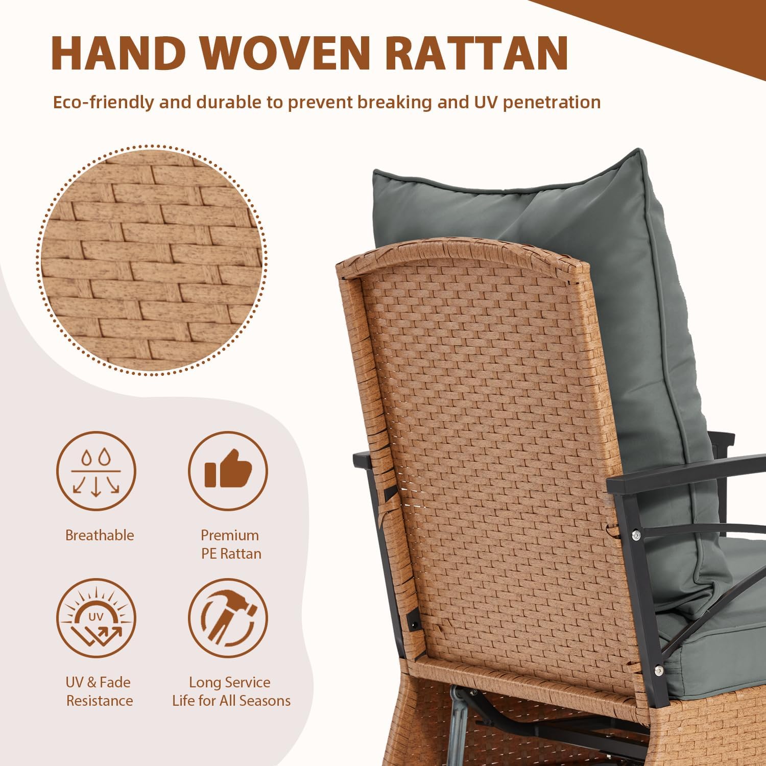 MELLCOM 3 Pieces Patio Furniture Set, Outdoor Swivel Patio Rocker Chairs with Thick Cushions and 2-Tier Coffee Table, Oversize Wicker Bistro Conversation Sets for Garden, Balcony, Backyard, Grey