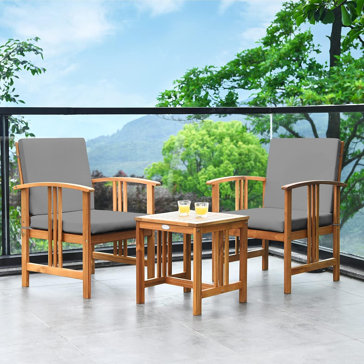 Tangkula 3 Pieces Patio Furniture Set, Includes Set of 2 Outdoor Acacia Wood Cushioned Chairs and Coffee Table, for Garden, Backyard, Poolside, Bistro and Deck, Patio Conversation Chat Set (Gray)