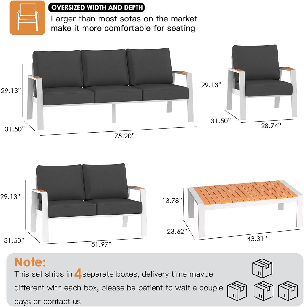 Aluminum Patio Furniture Set, 5 Piece Modern Outdoor Coversation Sets with Teak Coffee Table, Metal Sectional Sofa Couch for Porch, Balcony, Deck, Dark Gray