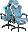 HOFFREE Gaming Chair Computer Chair with Speakers Massage Game Chairs with Footrest Bluetooth High Back Ergonomic Computer Gaming Chairs for Adults Reclining Video Gamer Chair Stone Blue and White
