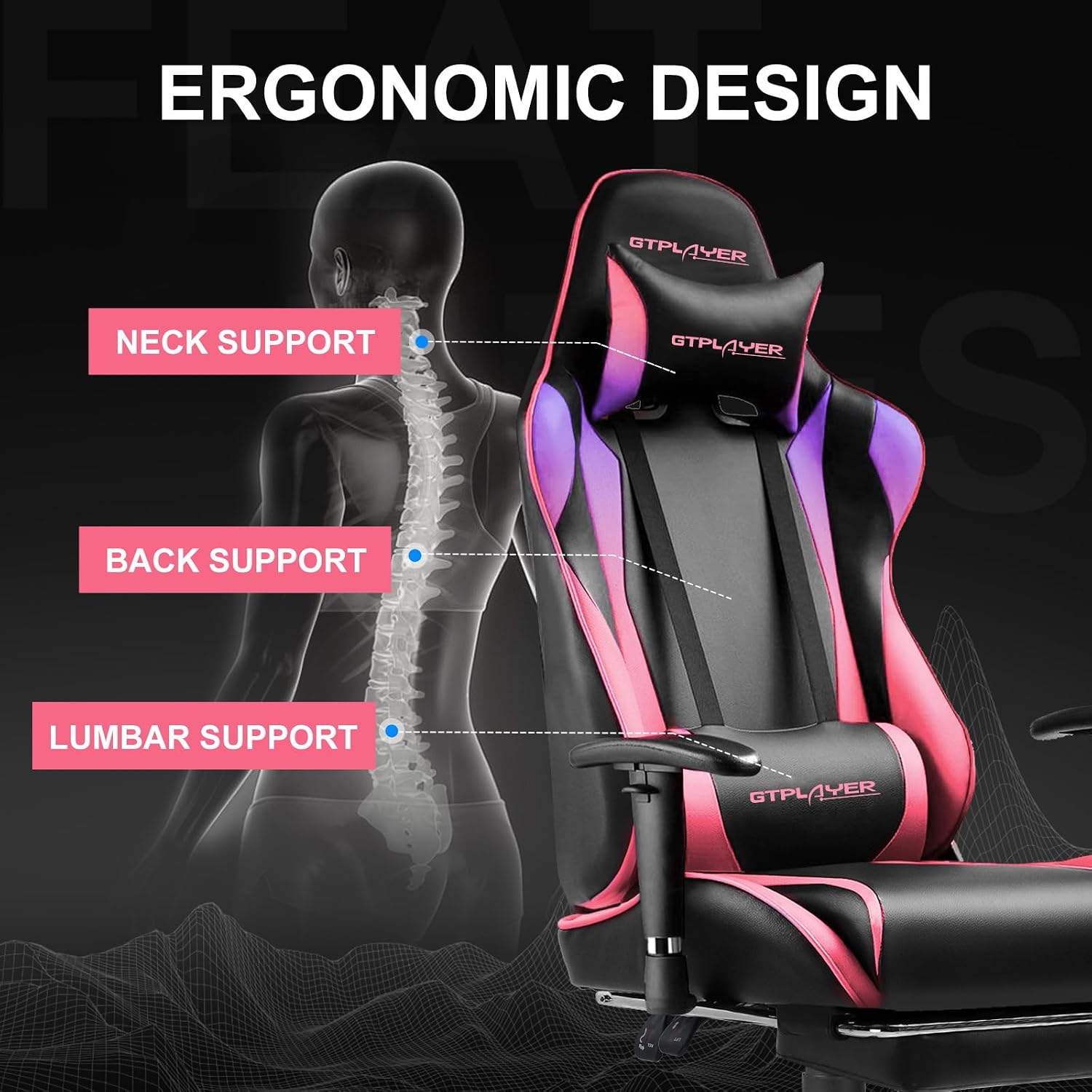 GTPLAYER Gaming Chair with Footrest, Ergonomic Computer Game Desk Chair, Recline Gaming Chair Seat Height Adjustment, Swivel Rocker with Headrest and Lumbar (Colorful)