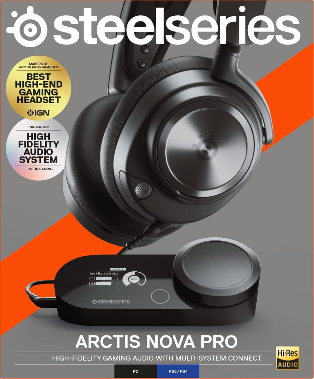 SteelSeries Arctis Nova Pro Multi-System Gaming Headset - Premium Hi-Fi Drivers, Hi-Res Audio - 360° Spatial Audio - GameDAC Gen 2 - ESS Sabre Quad-DAC - Stealth Retractable Mic - PC, PS5, PS4, Switch