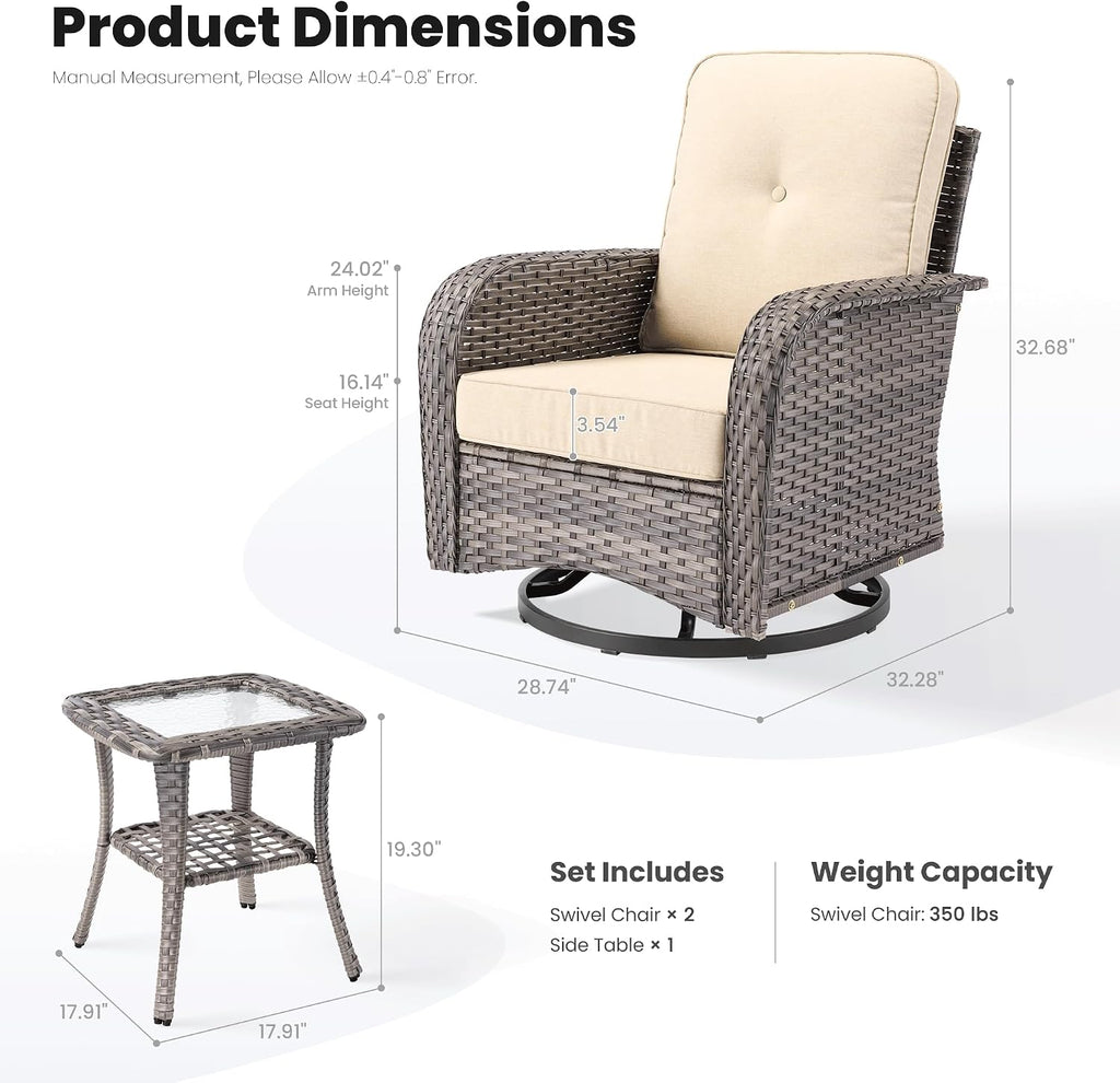 ovios 3-Piece Patio Furniture Set, Outdoor Wicker Sofa with Swivel Chairs, High Back Rattan Gliders Rocker with Comfy Cushions for Porch Yard Deck, Beige