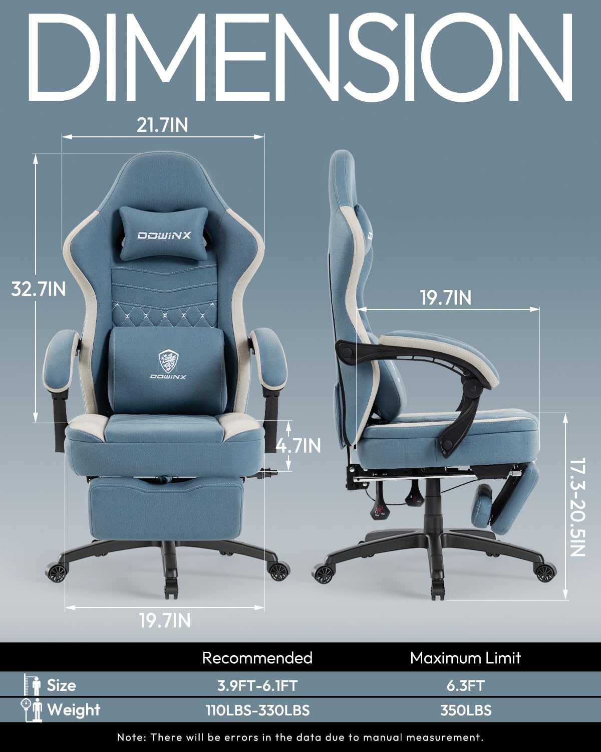 Dowinx Gaming Chair Breathable Fabric Game Chair with Gel Pad and Storage Bag, Comfortable Gamer Chair with Pocket Spring Cushion, Ergonomic Computer Chair with Footrest, Blue and White