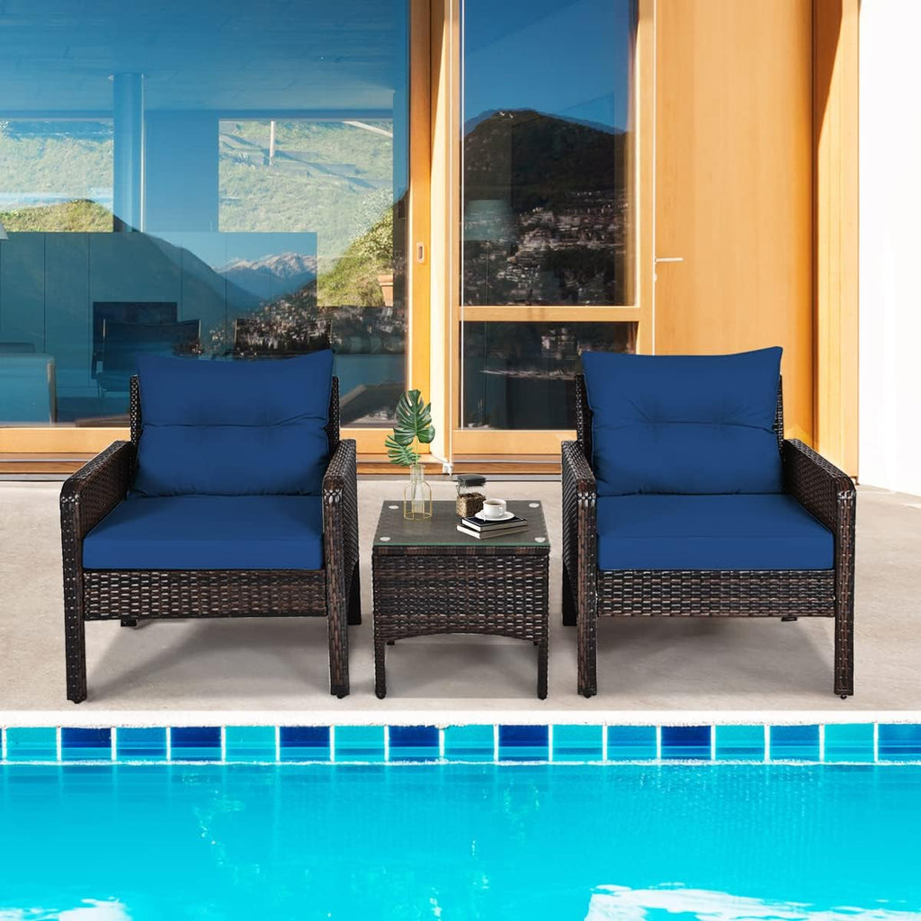 HAPPYGRILL 3 Piece Patio Conversation Set Outdoor Rattan Wicker Furniture Set with Coffee Table & Chairs Patio Bistro with Seat Cushions for Garden Balcony Backyard Poolside