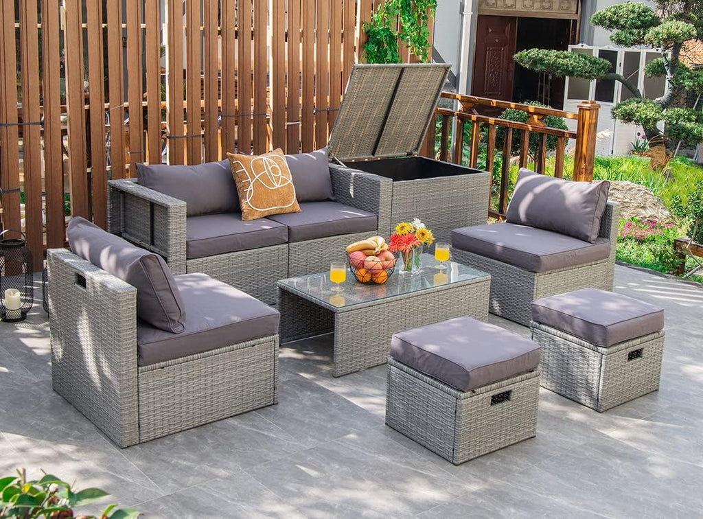 Tangkula 8 Piece Patio Wicker Furniture Set, Patiojoy Space Saving Outdoor PE Rattan Conversation Set with Storage Box & Waterproof Cover, Coffee Table, 2 Ottomans, 2 Armless Sofas & 2 Corner Sofas
