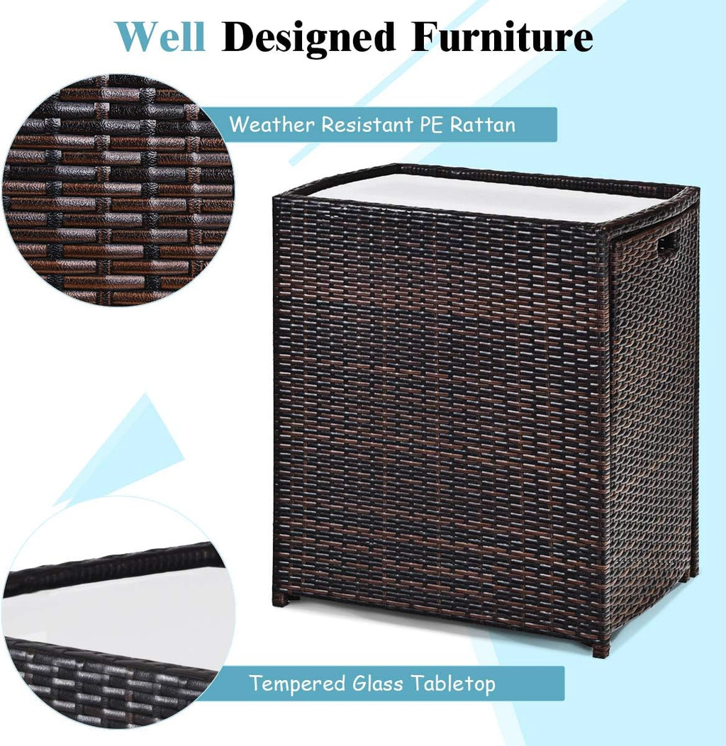 Tangkula 3 Piece Outdoor Rattan Dining Set, No Assembly Patio Bistro Set with Tempered Glass Table, Space Saving Patio Wicker Cushioned Chair Furniture Set for Courtyard, Balcony, Garden (Brown)