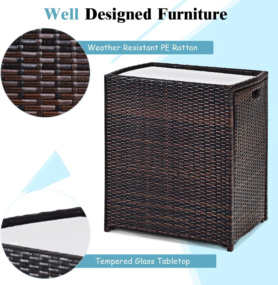 Tangkula 3 Piece Outdoor Rattan Dining Set, No Assembly Patio Bistro Set with Tempered Glass Table, Space Saving Patio Wicker Cushioned Chair Furniture Set for Courtyard, Balcony, Garden (Brown)