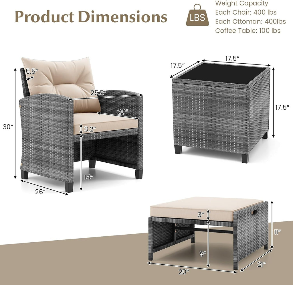 KOTEK 5 Pieces Patio Furniture Set with Ottomans, Wicker Patio Conversation Set with Coffee Table & Cushions, PE Rattan Outdoor Lounge Chairs for Backyard, Porch, Poolside (Mix Grey- Beige)