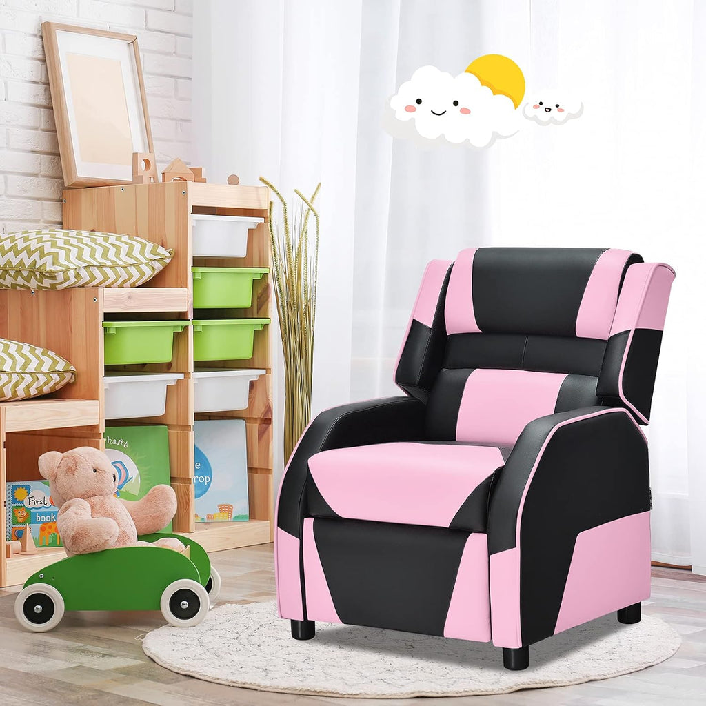 Giantex Kids Recliner, Gaming Recliner Chair with Footrest, Headrest & Lumbar Support, Ergonomic Leather Lounge Chair Toddler Furniture, Adjustable Racing Style Recliner Sofa for Boys Girls, Pink
