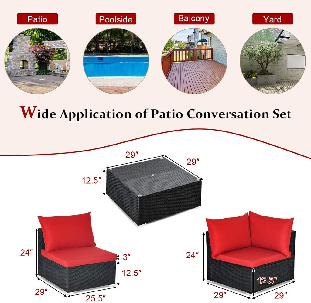 Tangkula 7 Piece Patio Furniture Set, Outdoor Sectional Sofa w/Pillows and Cushions, Wicker Sofa Conversation Set with Coffee Table, Patio Sofa and Tea Table Set for Garden, Lawn (Red)