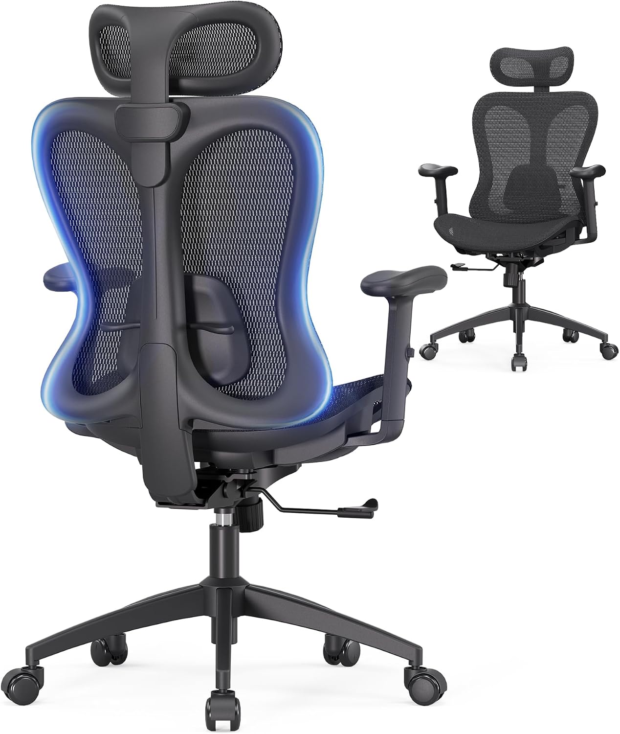 amseatec Ergonomic Office Desk Chair, Comfortable Computer Gaming Chair, Breathable Mesh Back & Seat, Adjustable Armrest & Headrest, Lumbar Support, Butterfly Design for Home Office (Black)
