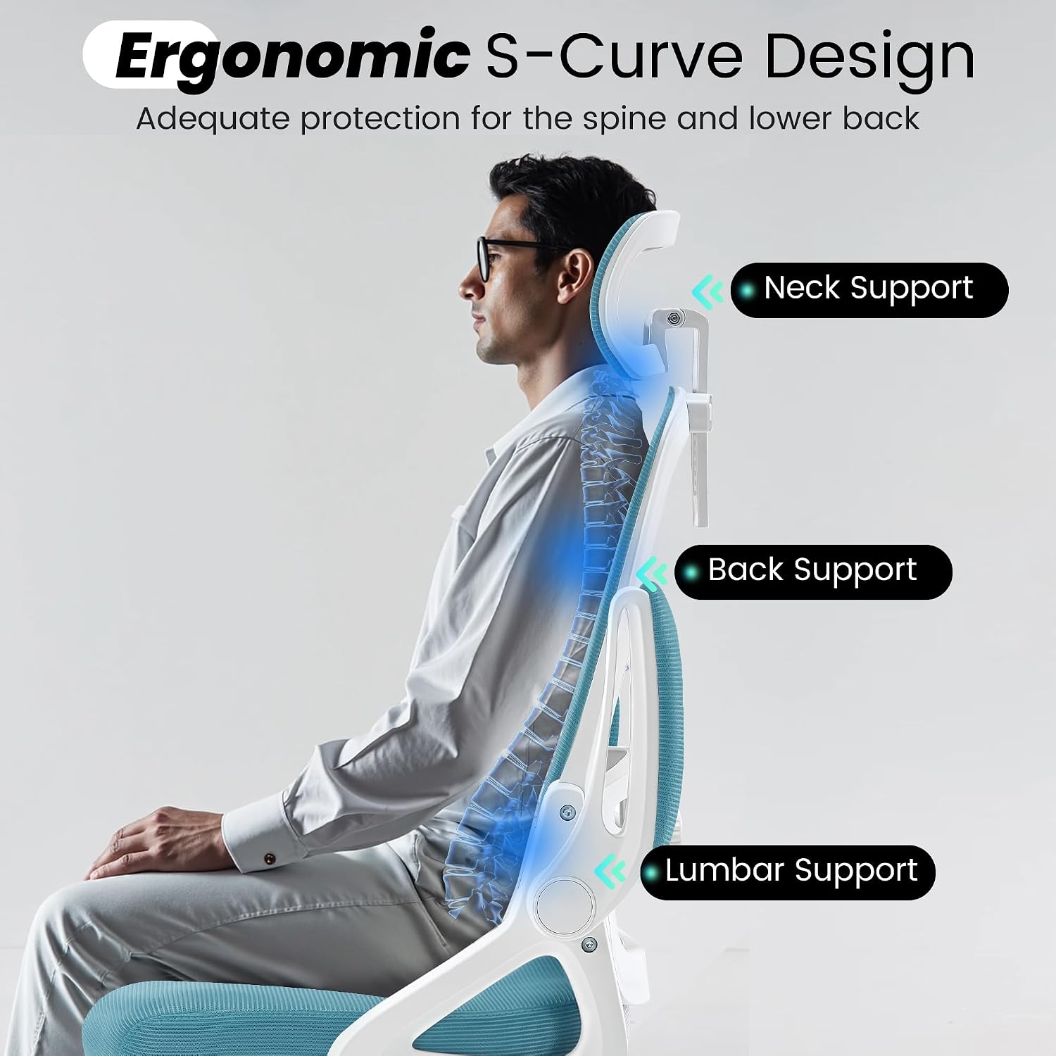 Fizzin Ergonomic Office Chair, 400 LBS Computer Chairs with Adjustable Lumbar Support, Breathable Mesh Desk Chair Ergonomic with Thickened Cushion, Comfy Home Office Desk Chair (Lake Blue)