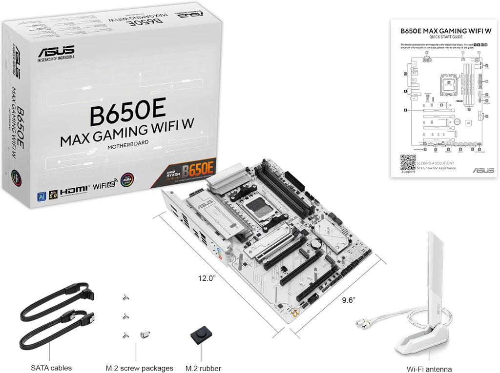 ASUS B650E MAX Gaming WiFi W – AMD B650 AM5 ATX Motherboard, White PCB, DDR5, PCIe 5.0, 3X M.2, Wi-Fi 6E, 2.5Gb LAN, USB 10Gbps Type-C, DisplayPort, HDMI™, BIOS Flashback™, Aura Sync, Advanced AI PC